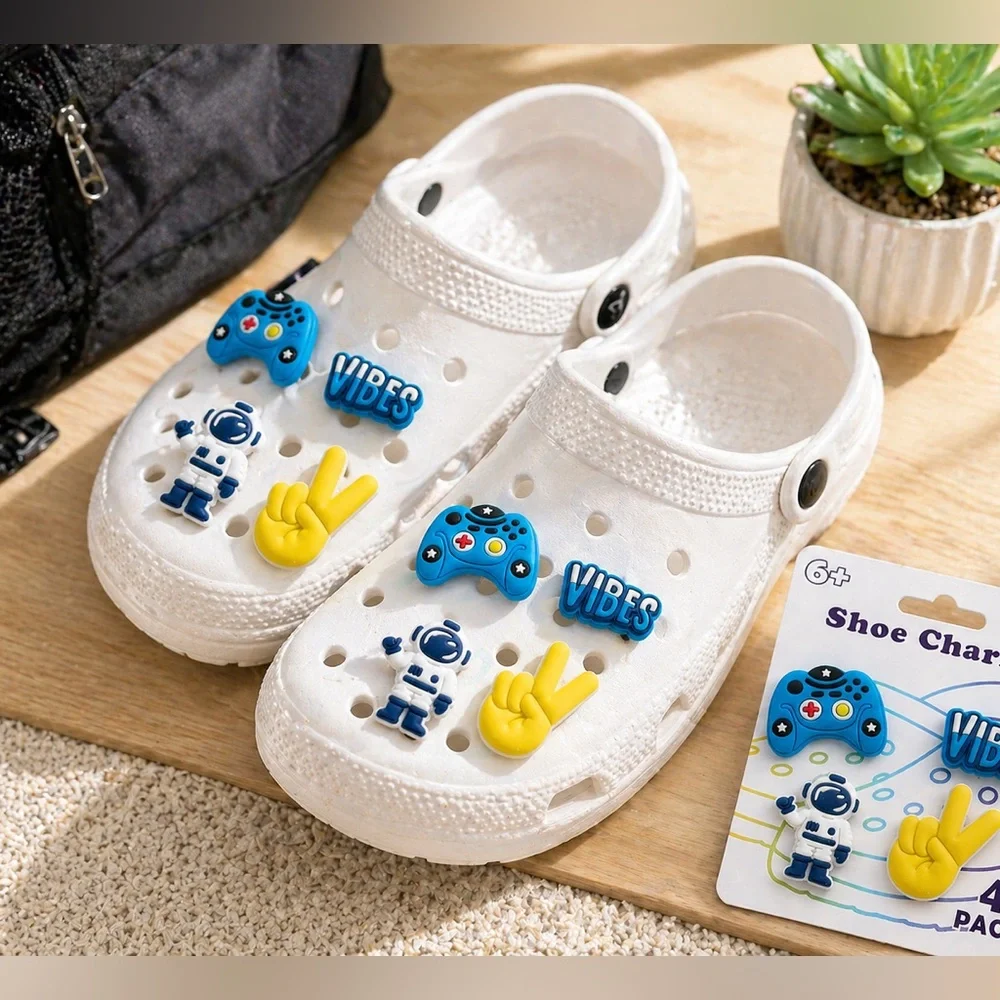 4PC Shoe Charms Set 🎮✨ Vibes, Astronaut, and Peace Sign Clog Accessories